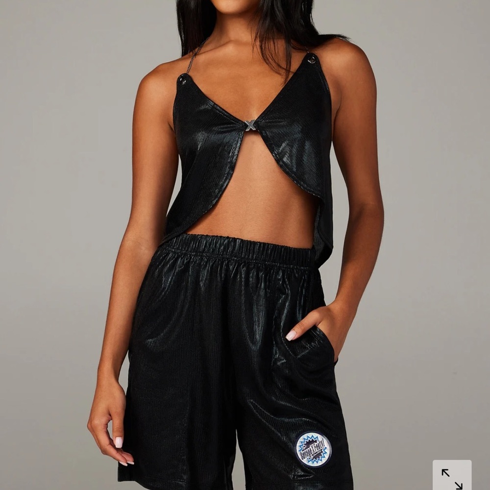 Savage X Fenty Black Satin Sleepwear Set V-Neck Cropped Top